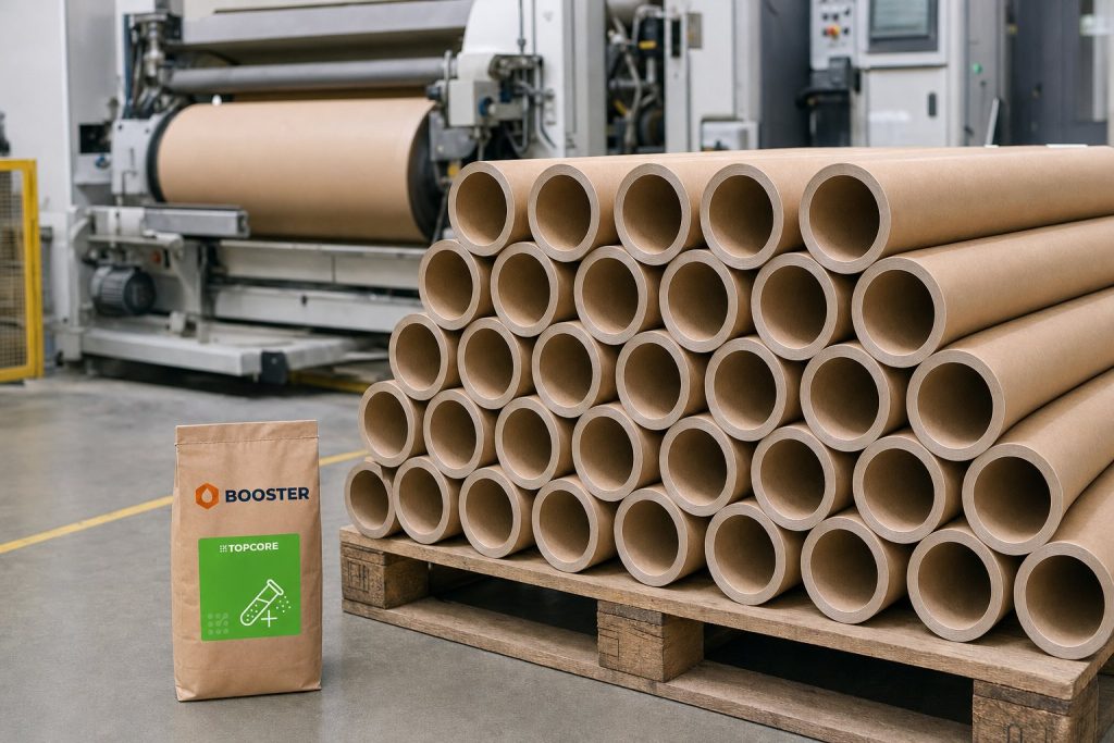 Finished paper tubes on a pallet next to a TOPCORE BOOSTER bag