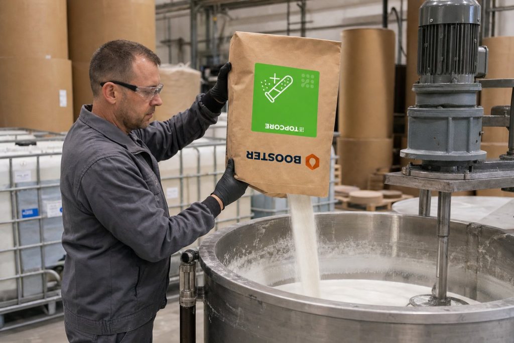 TOPCORE BOOSTER powder added to dextrin adhesive during in-house mixing