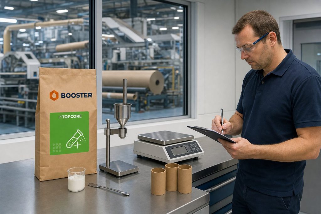 TOPCORE BOOSTER additive being tested in a paper tube factory quality-control lab